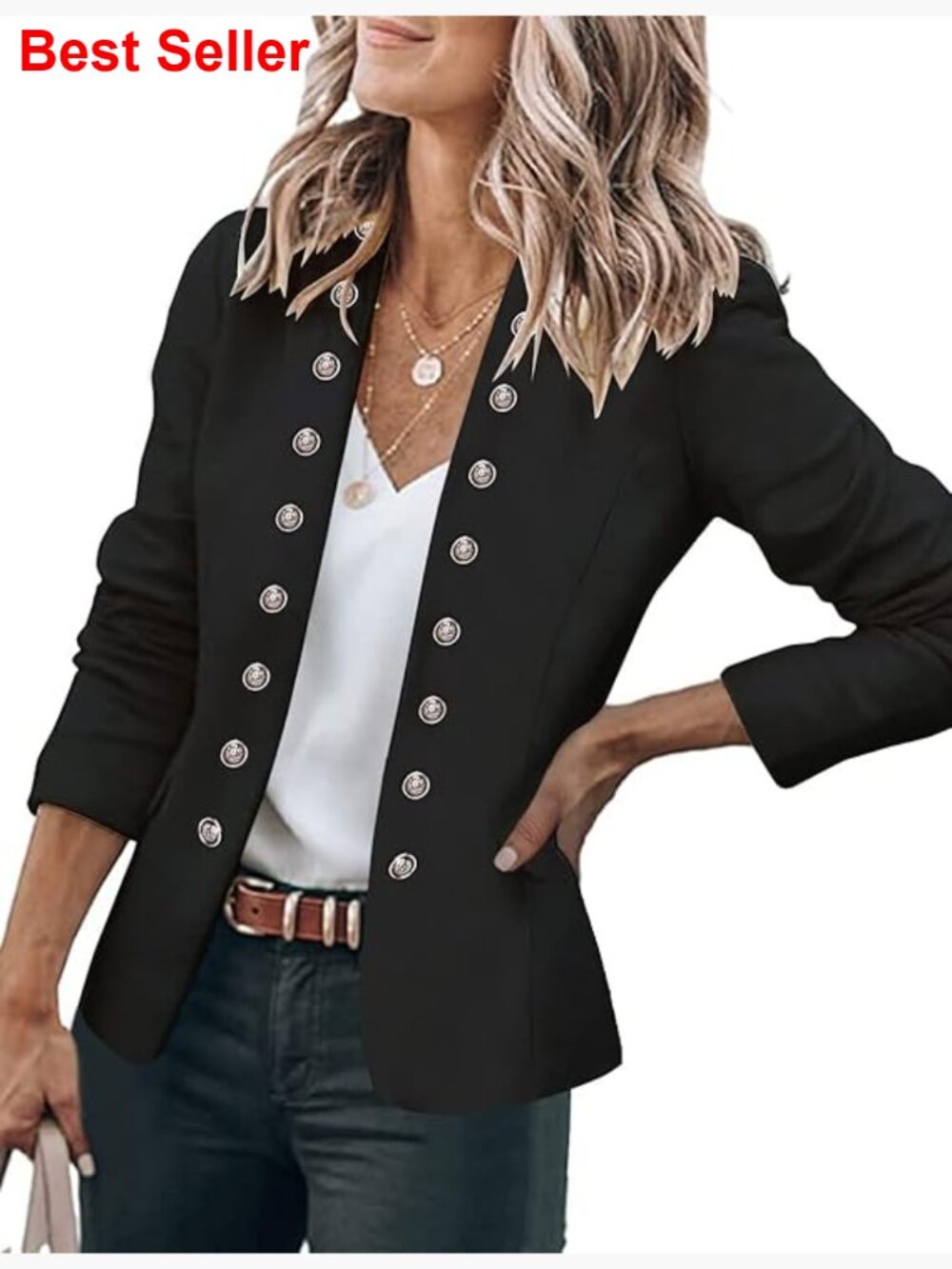 Polyester Blazer With Buttons Pockets Open Front Business Casual